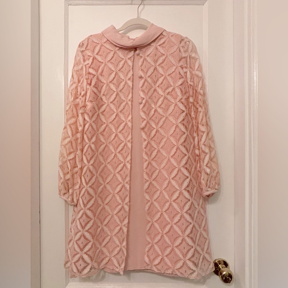 Vintage pink collared dress with lace jacket, average wear